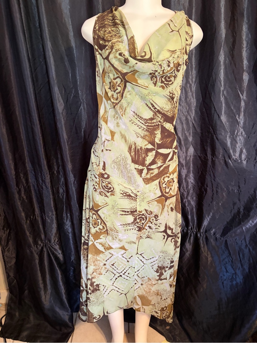 Dress Barn Green and Brown Cowl-Neck Midi Dress